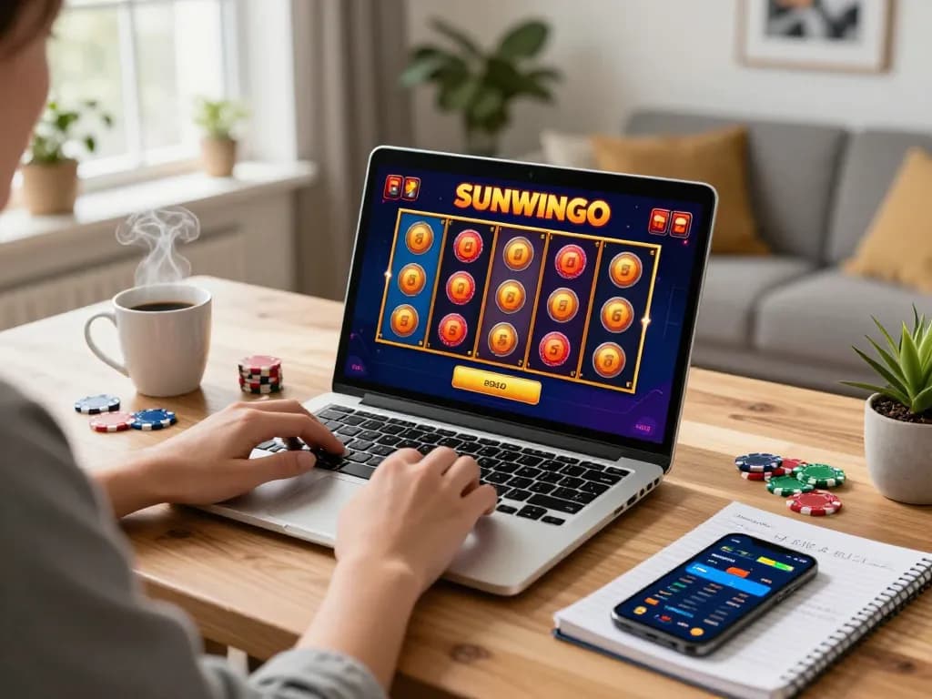 Playing sunwingo online casino slots on laptop at home, showcasing colorful game interface and personal gaming setup.