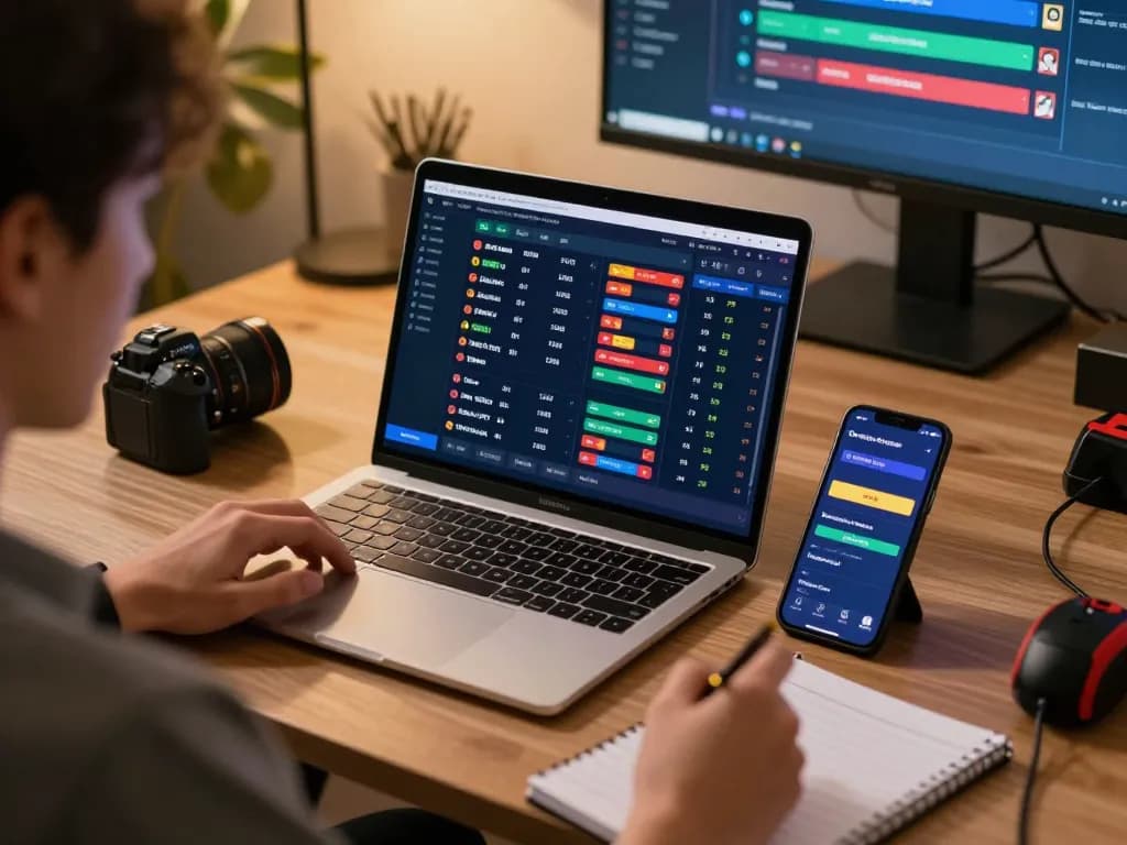 Person analyzing sports betting odds on laptop and mobile device, exploring o8's online gaming options.