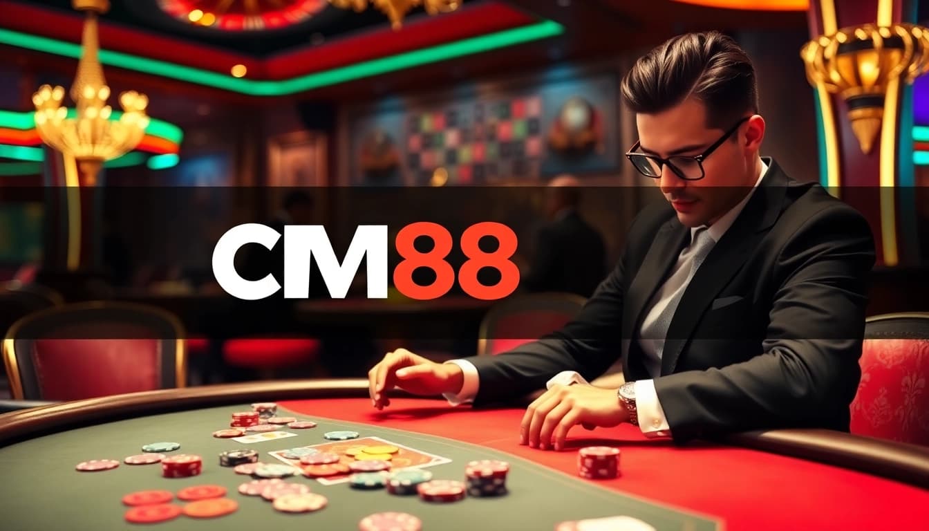 Engaging casino scene showcasing CM88 with poker chips and cards under warm lighting.