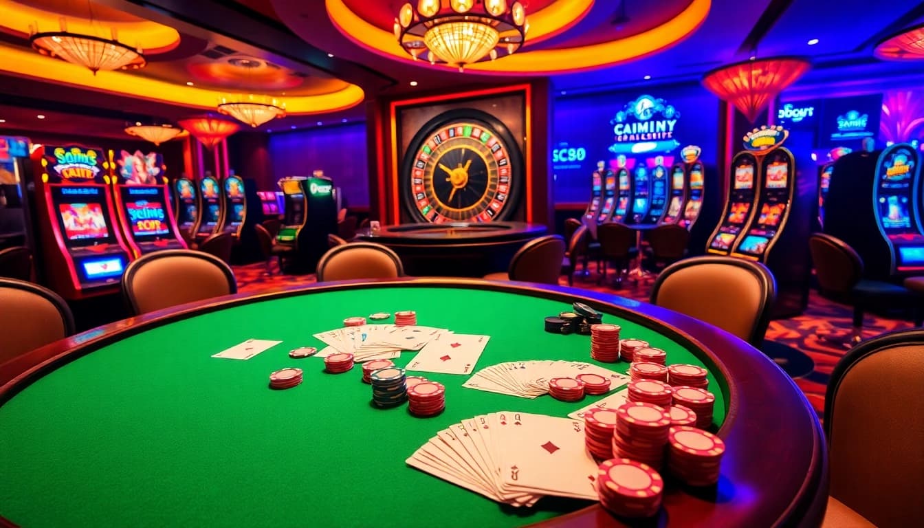 Exciting casino scene featuring a SC88 themed roulette wheel surrounded by vibrant poker chips and players.