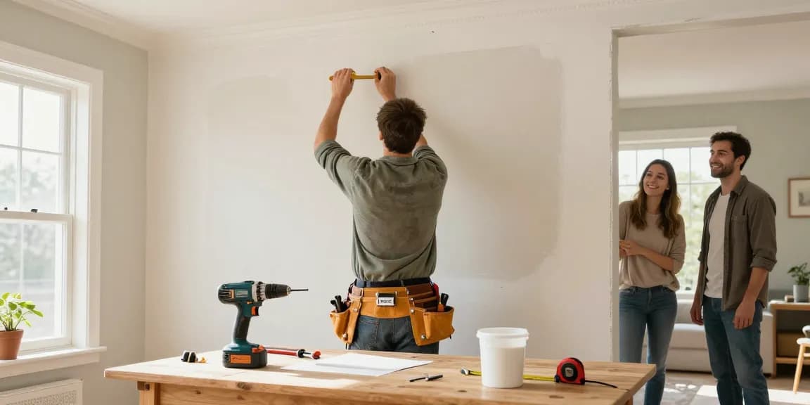 Skilled handyman providing HubPro repair services in a bright living room.