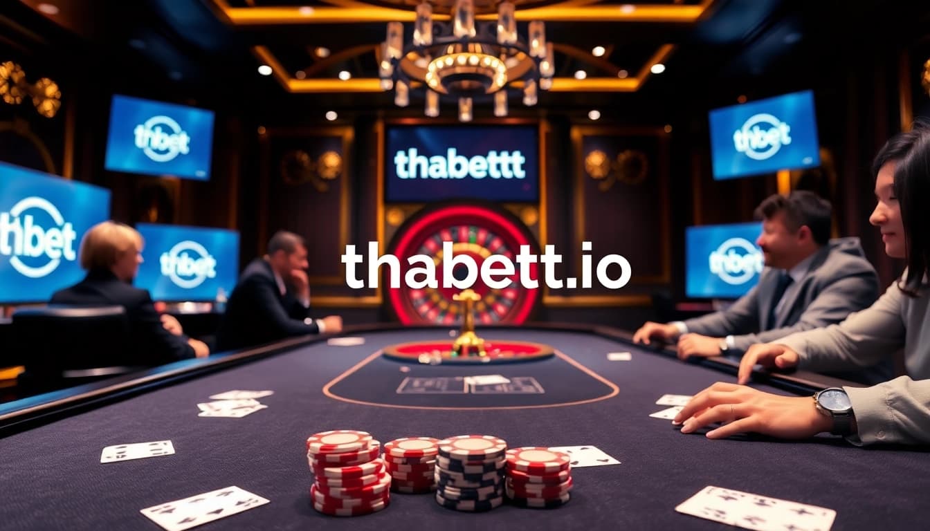Exciting poker game action at thabett.io featuring professional players and vibrant casino ambiance.