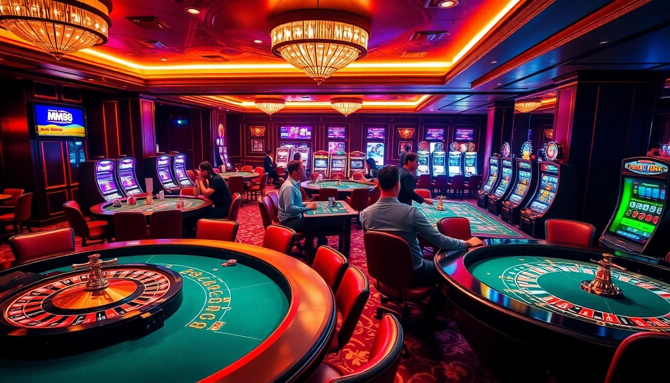 Excited players enjoying casino games at MM88, with vibrant tables and roulette wheels in a luxurious setting.