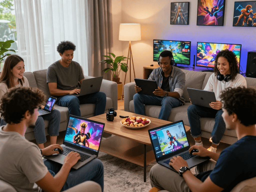 Engaged adults playing porn games online in a vibrant living room setting.