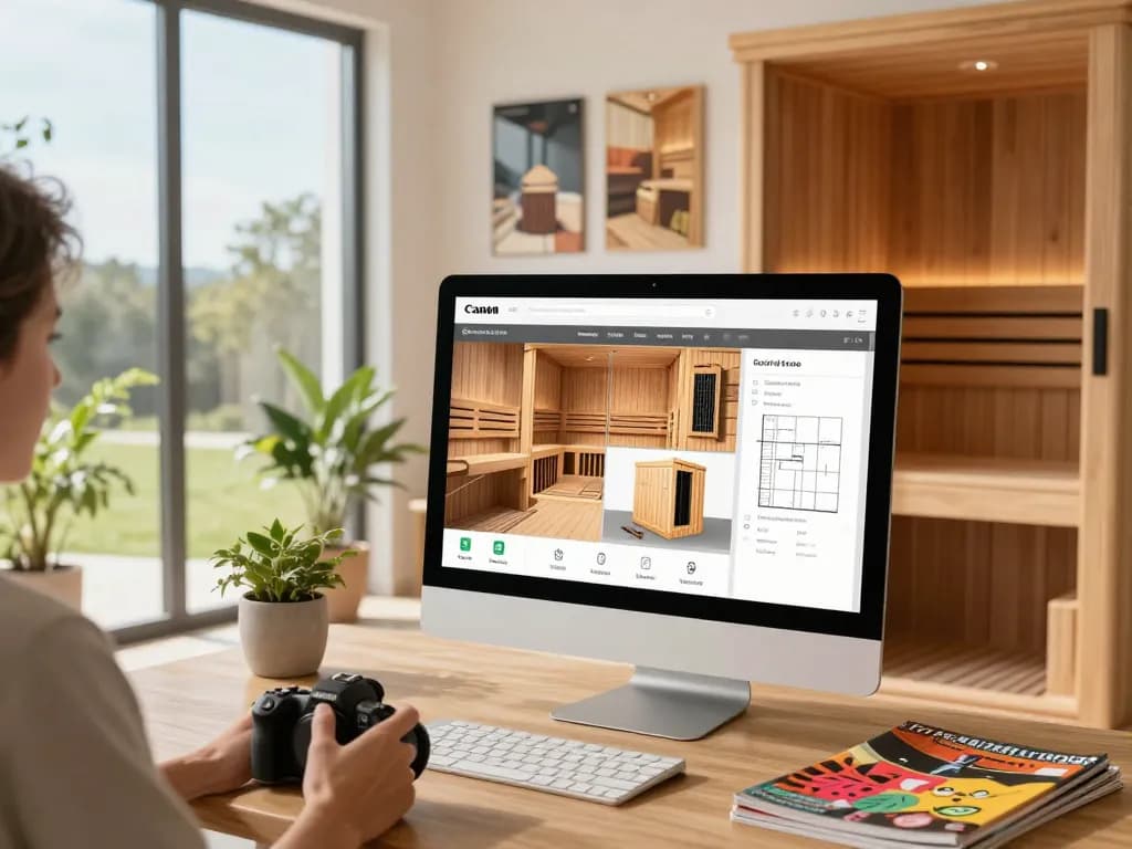 Customizing a sauna 3D configurator with various design elements and natural light.