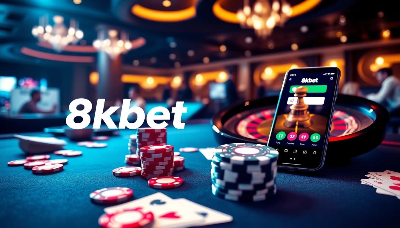 Experience thrilling gaming at 8kbet with a vibrant casino scene showcasing poker, roulette, and digital betting.