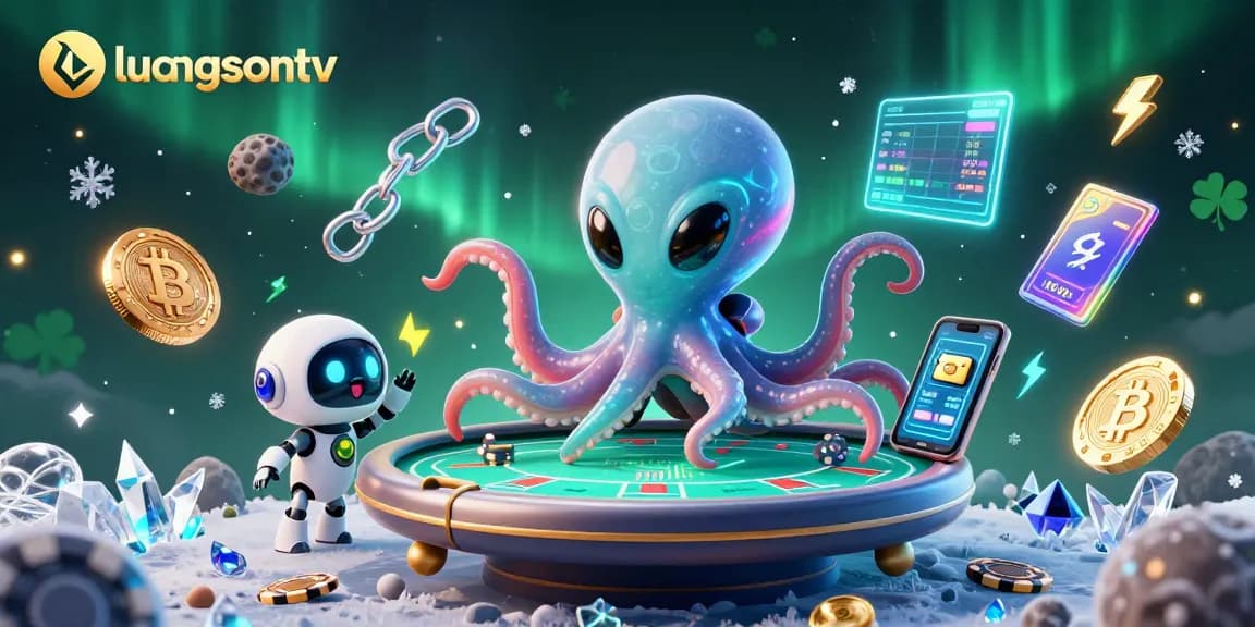 Experience thrilling gaming with luongsontv as an alien octopus runs a holographic poker table amidst glowing crypto elements.