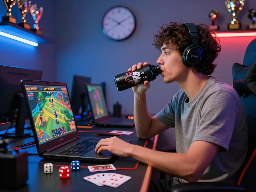 Gamer engaged with sun win online betting game, surrounded by gaming accessories.