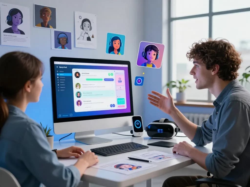 Interactive SpicyChat AI conversation in a dynamic digital workspace with engaging avatars and gadgets.