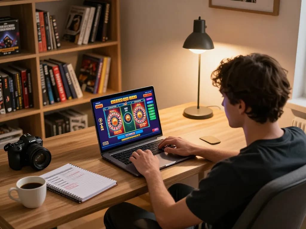 Player enjoying an online casino game at home with 99Win laptop display and gaming strategies visible