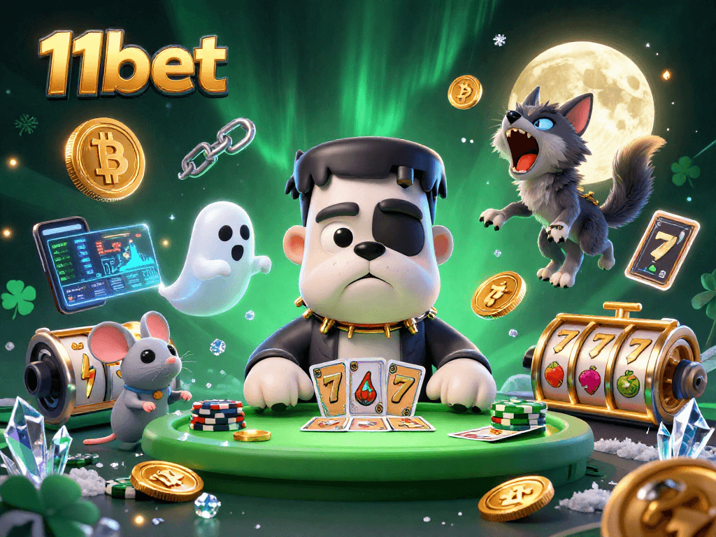 Engage in thrilling gameplay with 11bet's vibrant 3D casino scene featuring unique characters and crypto elements.