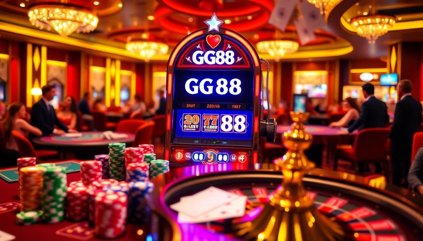 Players engaging with the GG88 slot machine surrounded by colorful casino elements and vibrant ambiance.