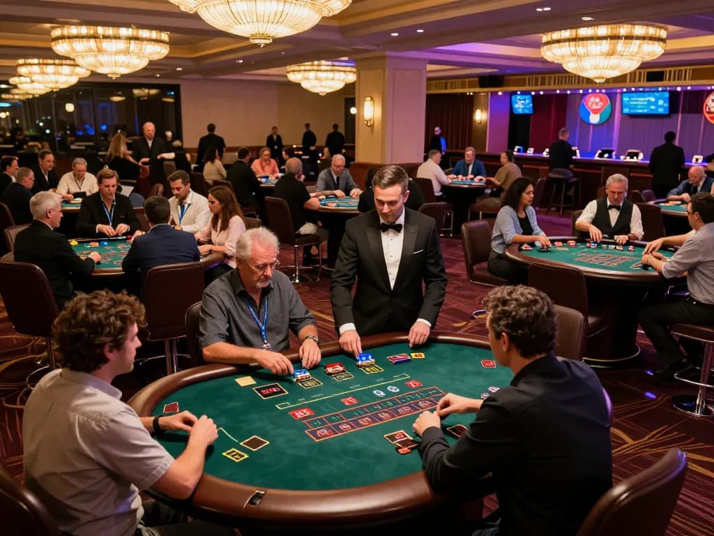 O8 players strategizing at blackjack tables in a luxurious casino setting, excitement and engagement evident.