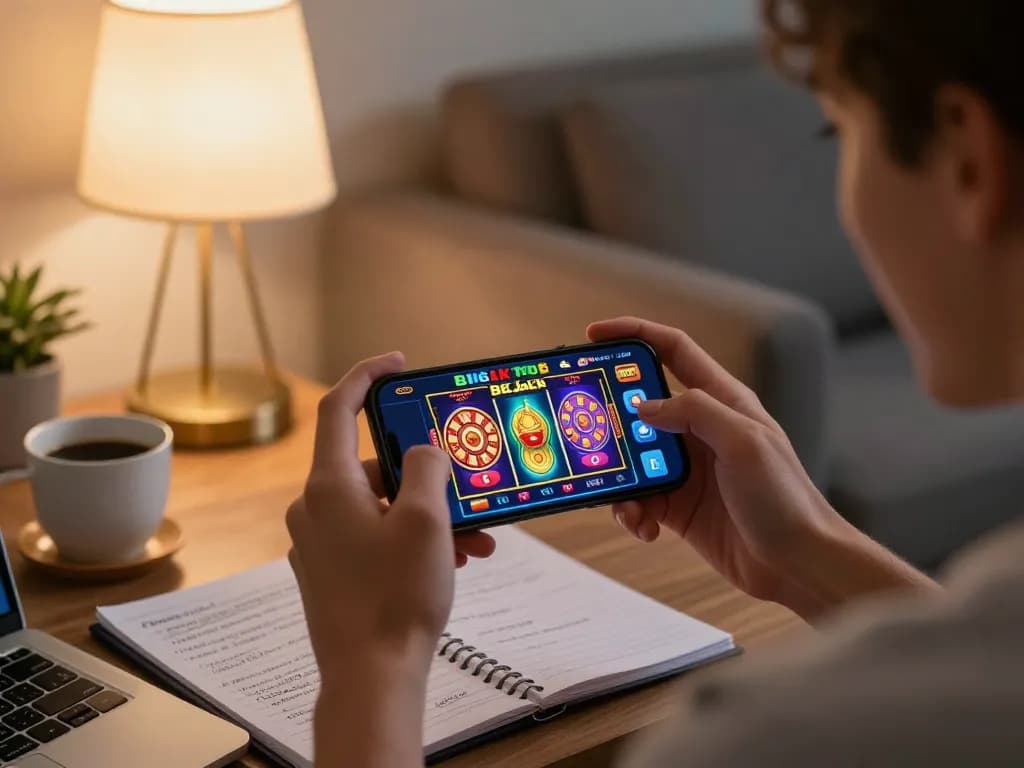 Playing slot games on the BigJack Casino app in a cozy living room setting.