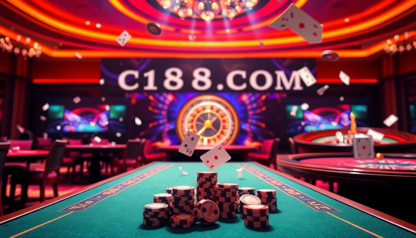 Experience the excitement of C168 COM with poker chips, cards, and a roulette wheel in a luxurious online casino setting.