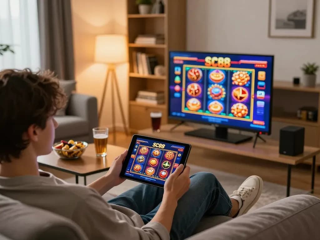 Engaging in exciting SC88 online casino games on tablet in a cozy living room setup.