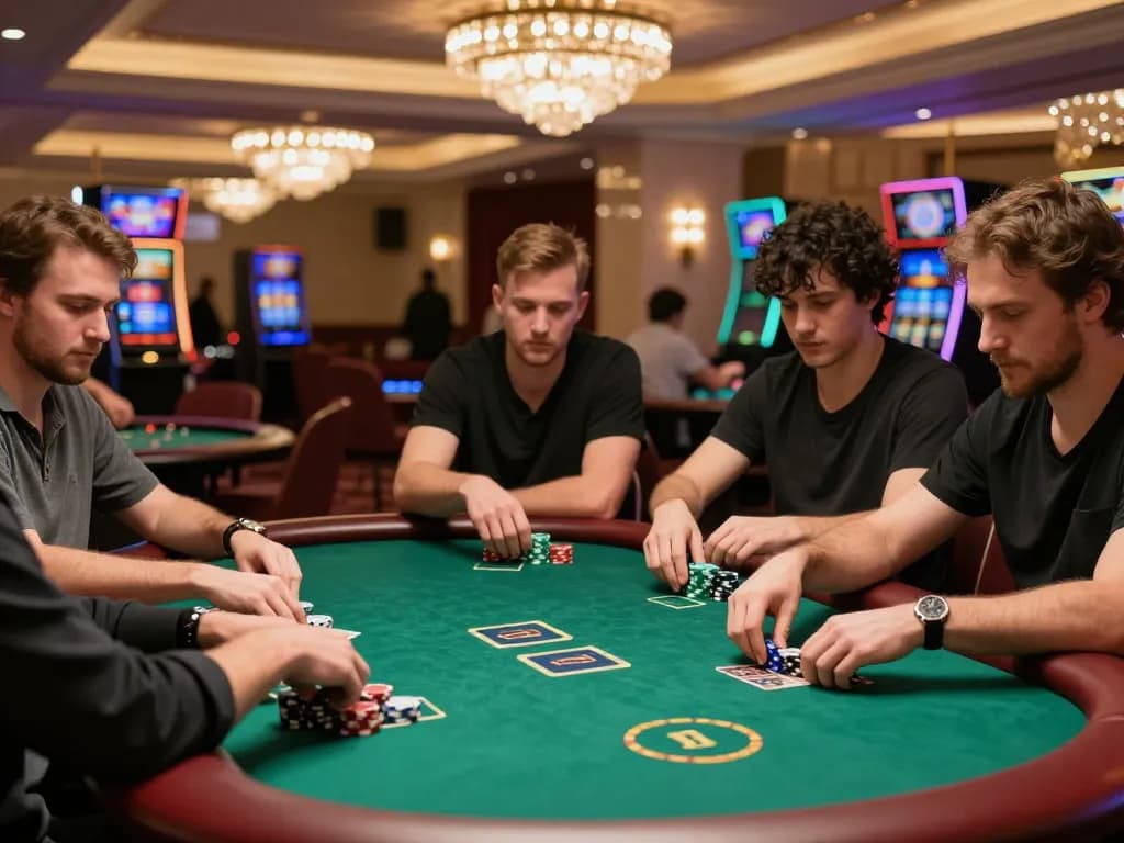 Players strategizing their bets at a glamorous poker table in FC88 casino, capturing the thrill of high-stakes gambling.