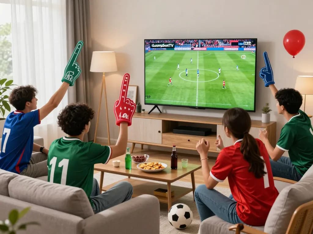 Exciting viewing experience on LuongSonTV with friends watching a live football match in a cozy living room.