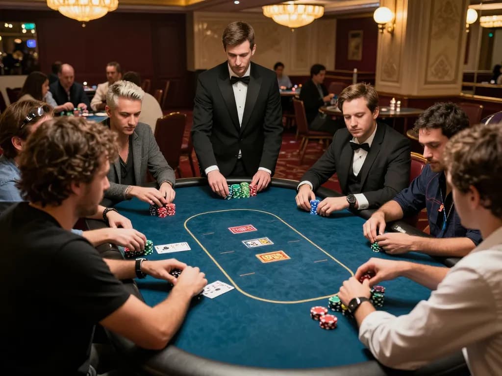 Players engaged in strategic gameplay at 22luck8 poker table, colorful chips and focused expressions