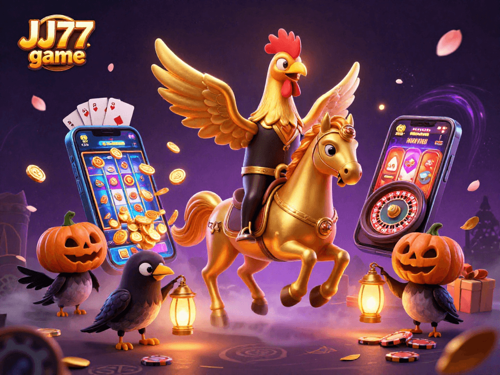 Experience the thrilling JJ77 game as golden rooster characters brighten the midnight casino.