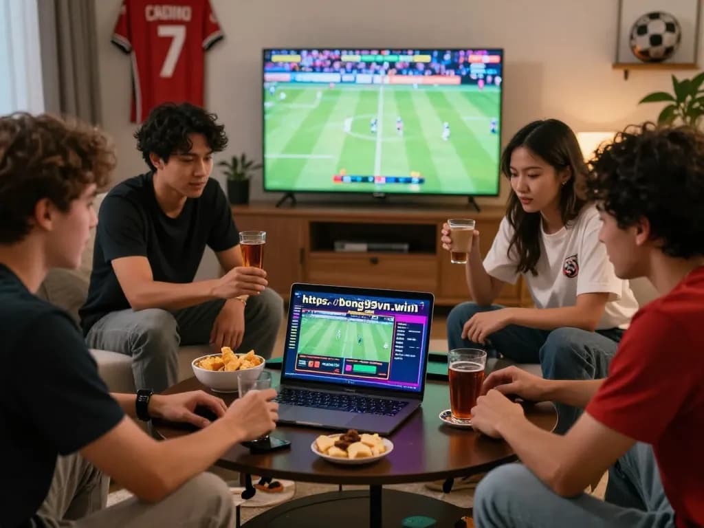 Group of friends enjoying online betting at https://bong99vn.win/ in a cozy living room.