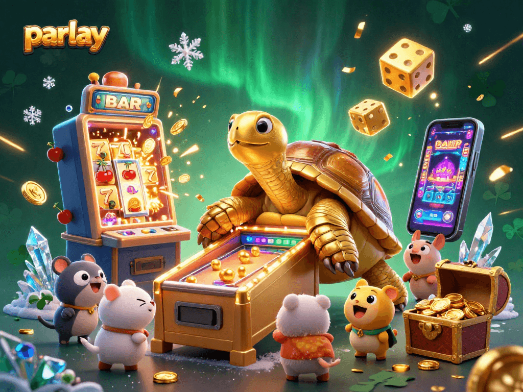 Engage with parlay betting in a vibrant casino atmosphere featuring a golden tortoise pinball machine.