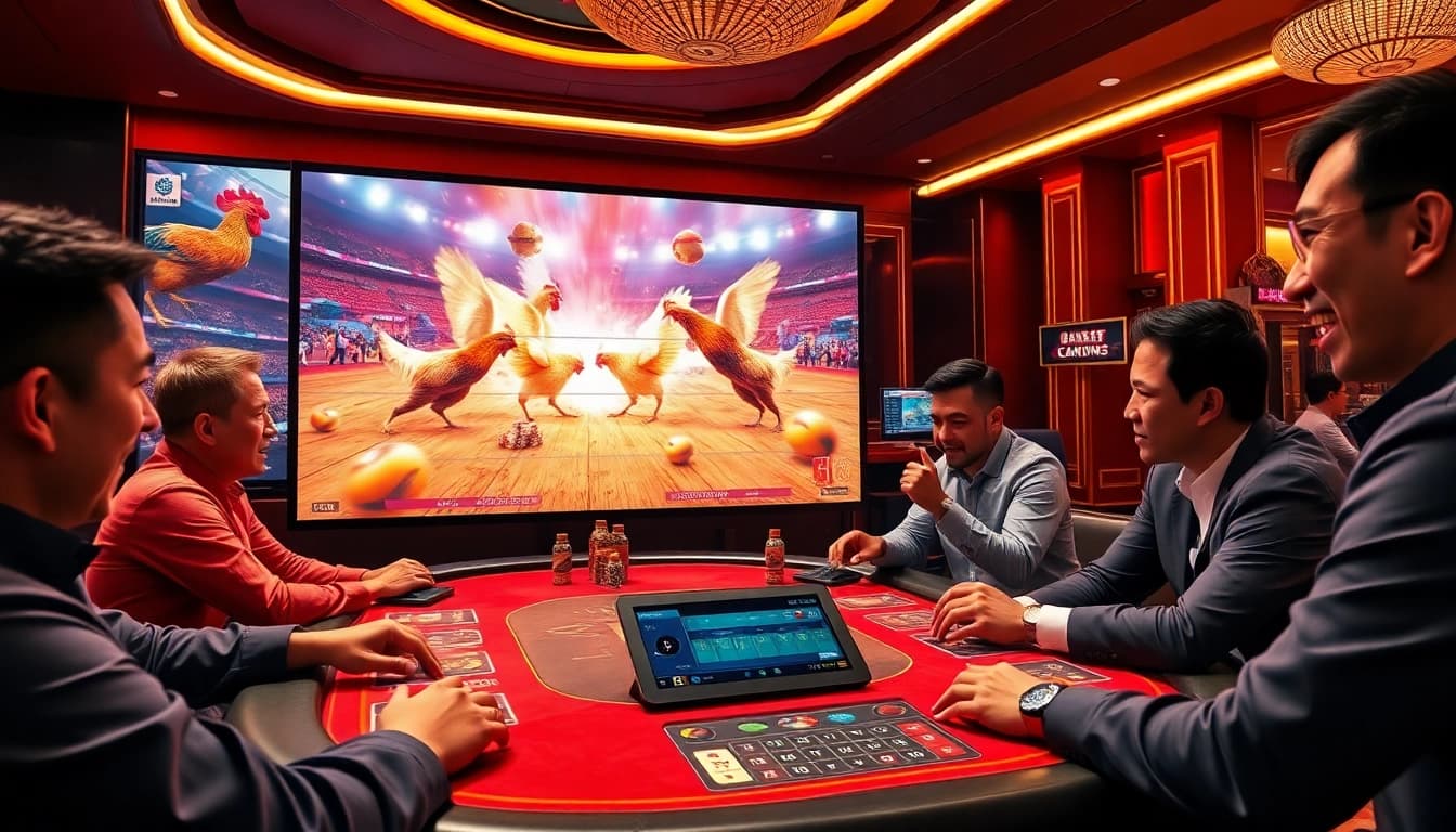 Experience the thrilling action of đá gà trực tiếp as gamblers place bets in a lively casino environment.