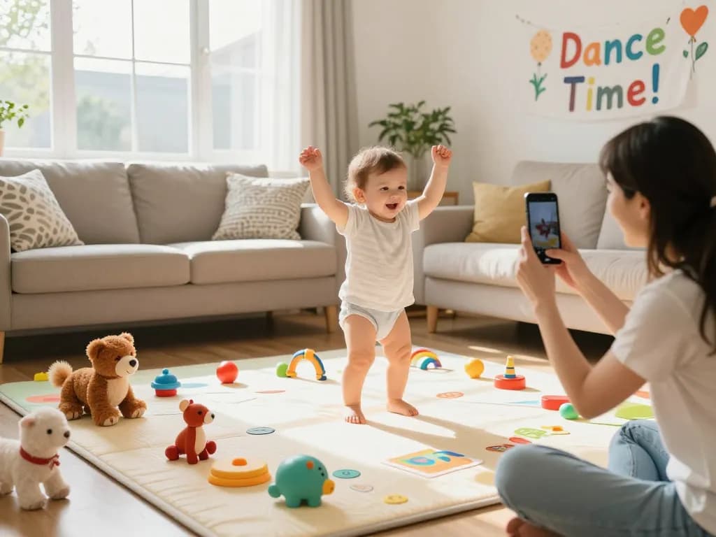Baby dance video with a joyful infant dancing on a colorful mat in a playful living room.