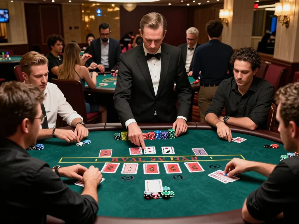 Players engaging in strategic bets at an EQ9 blackjack table in a luxurious casino