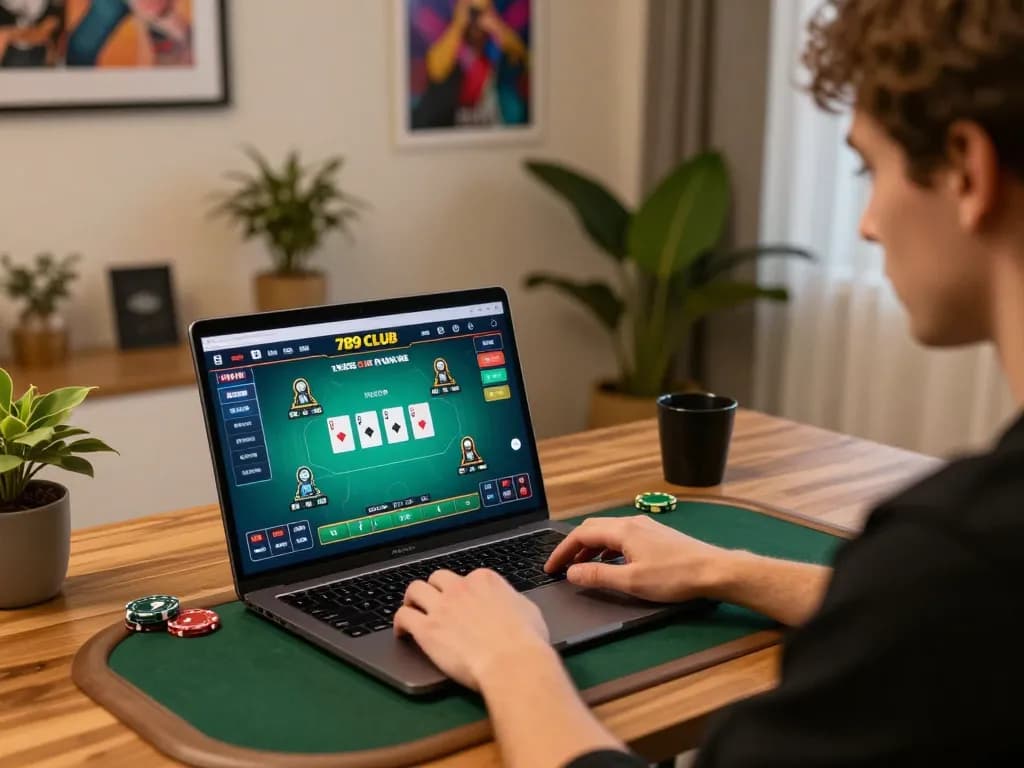 Engaging player strategizing in front of laptop for 789 CLUB online gaming session with poker gameplay displayed