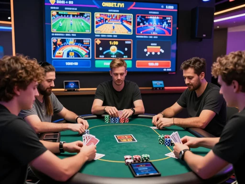 Exciting online gaming atmosphere at https://onbet.fyi/ with players enjoying poker and slots in a vibrant virtual casino.