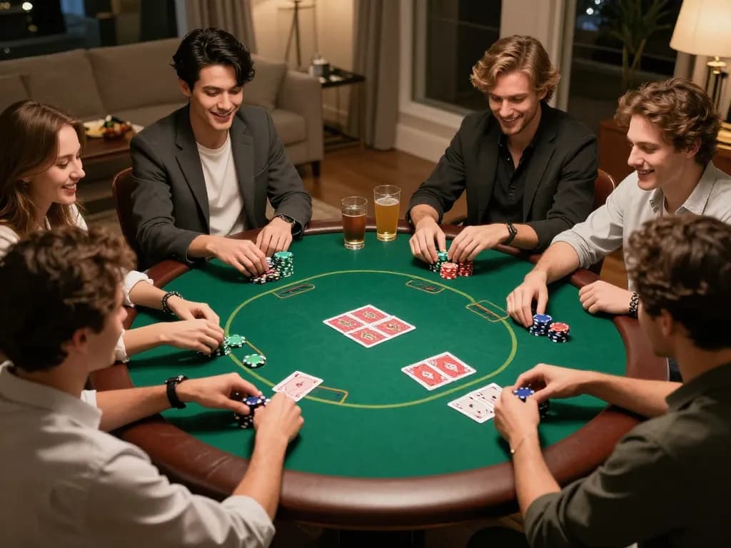 Engaging scene of friends playing game đánh bài during a cozy home poker night.