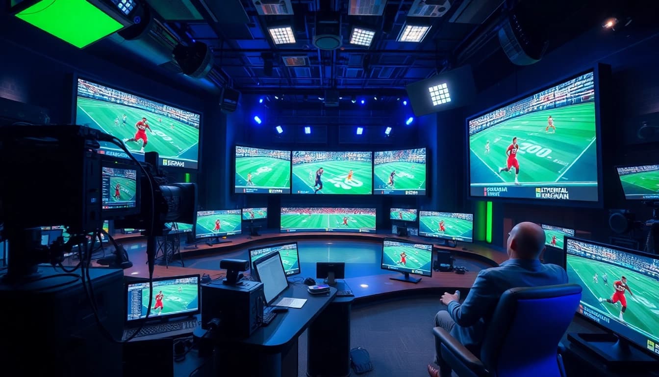 Engaging sports broadcasting setup showcasing live sports events and advanced technology.