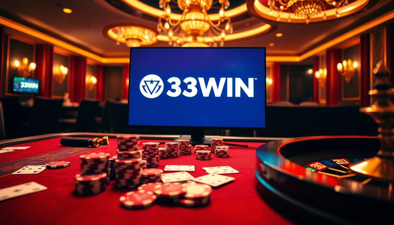 Experience the excitement of 33WIN with luxury casino elements and vibrant gaming action.
