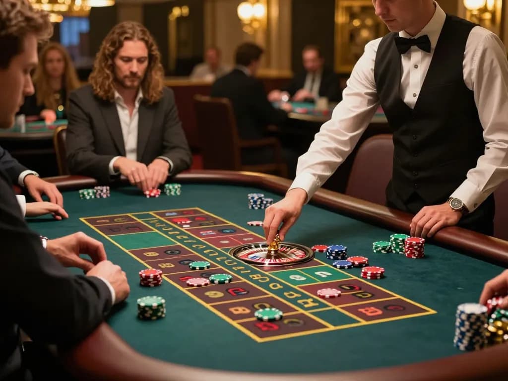 Experience the thrill of kèo nhà cái trực tiếp at a luxurious casino roulette table with vibrant betting chips.