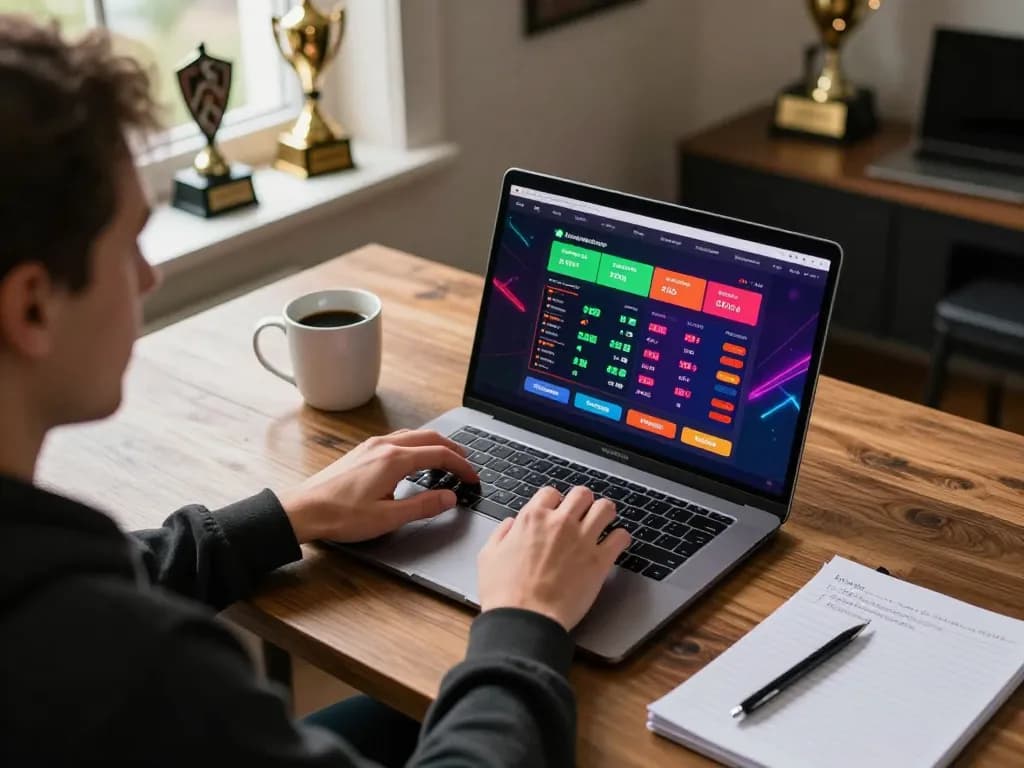 Engaging in strategic debet betting at home with a laptop and betting notes visible