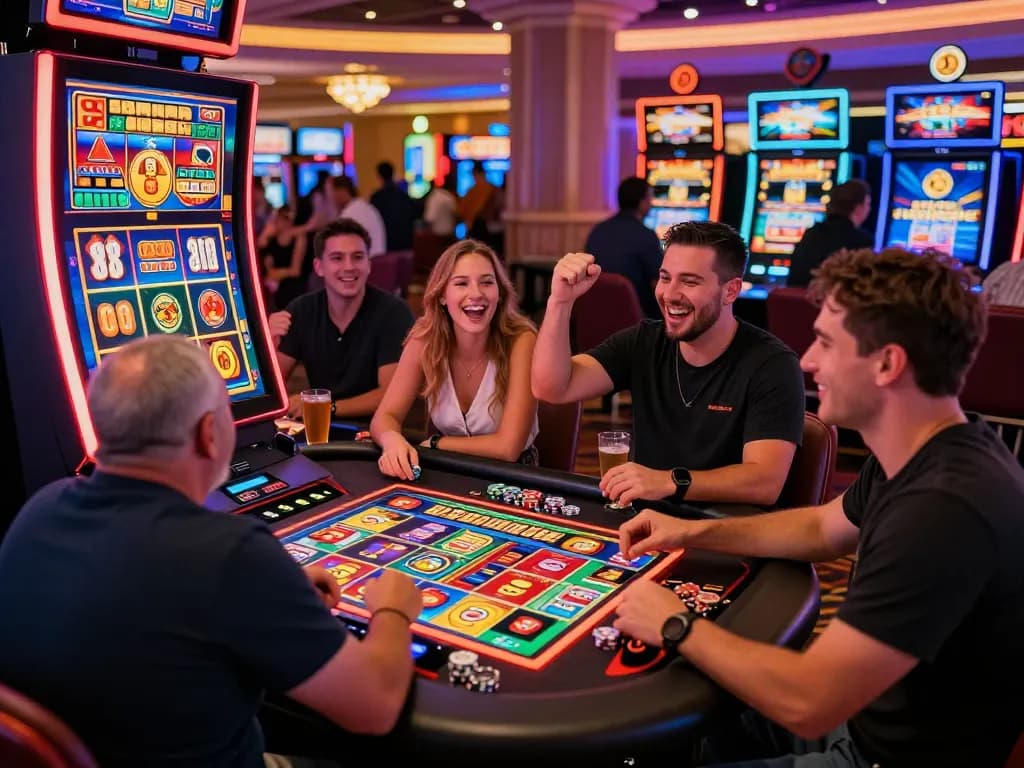 Exciting casino gaming scene at https://lucky88.tips/ with players celebrating wins around a vibrant slot machine.