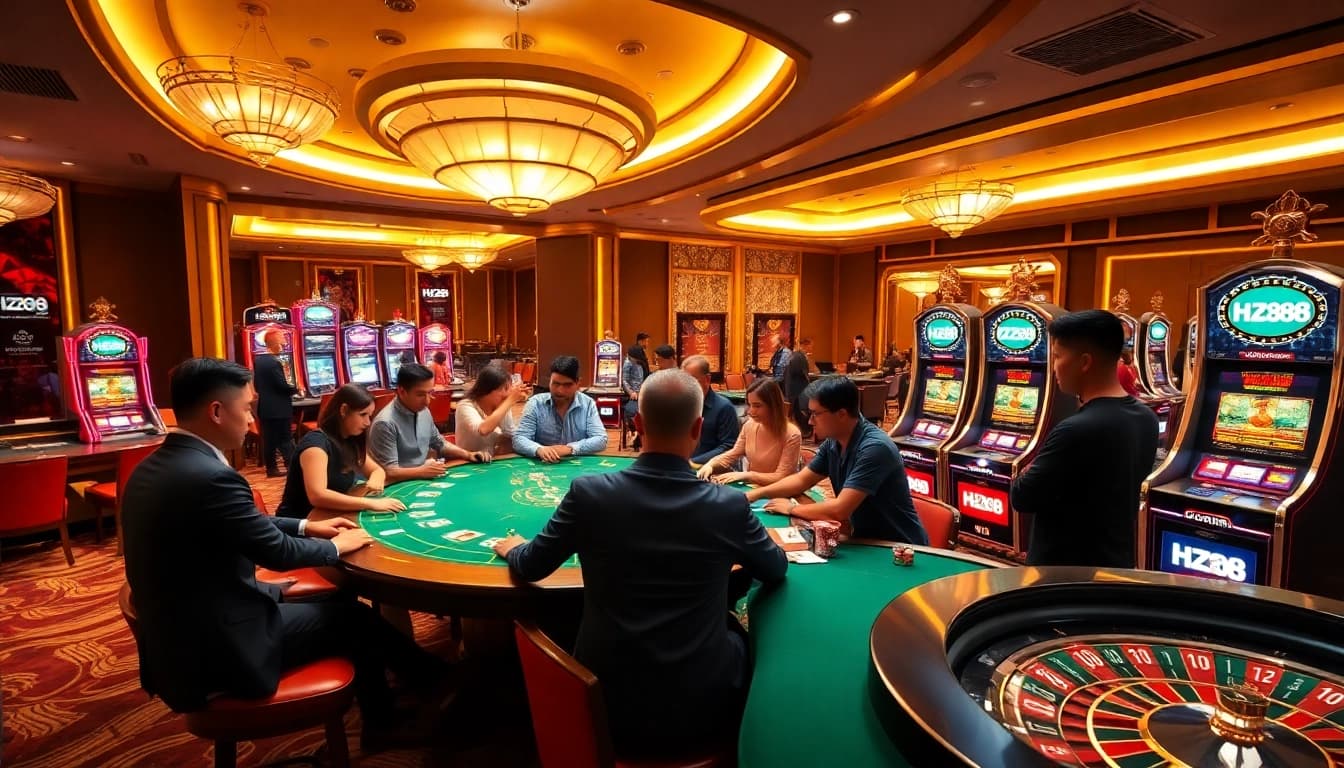Experience excitement at HZ88 casino with players engaging in baccarat and vibrant games.