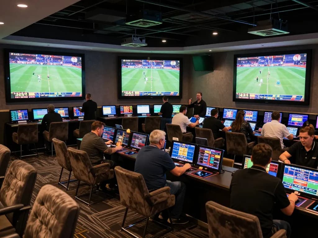 View of enthusiasts celebrating at alo8net sports betting lounge, showcasing live sports screens and vibrant atmosphere