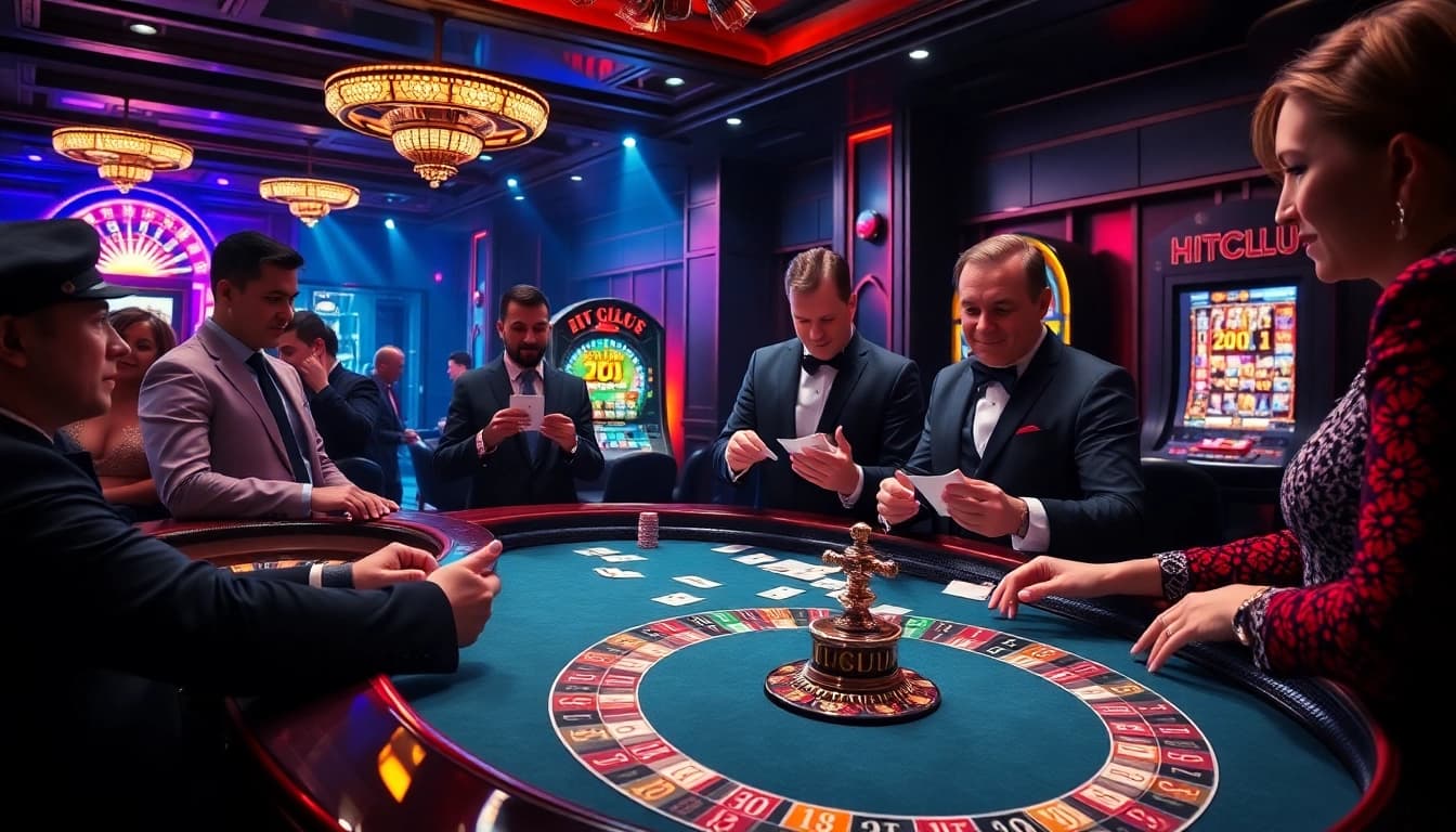 Experience the excitement of Game HITCLUB at a luxurious poker table in a vibrant casino setting.