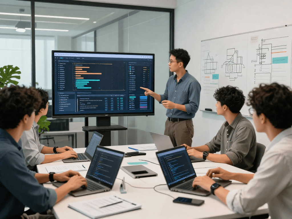 IT professionals in a modern workspace analyzing API traffic using Waygrid's technology solutions.