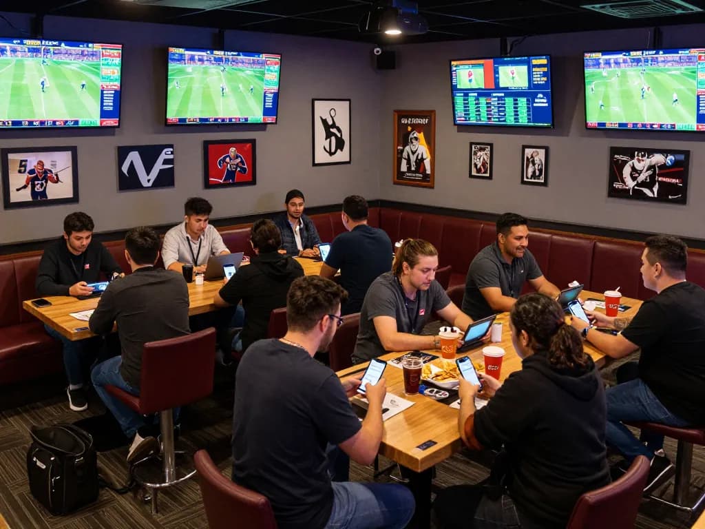 Menempatkan taruhan Mix Parlay di lounge taruhan olahraga yang penuh dengan kegembiraan.
