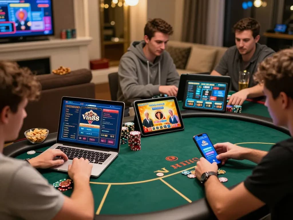 Engaged players strategizing on Website Vin88's online casino amidst vibrant home decor.