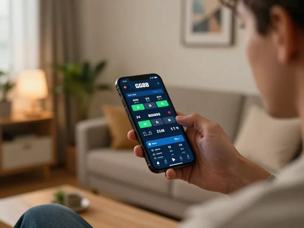Player using the GG88 app for exciting online betting in a cozy home environment.