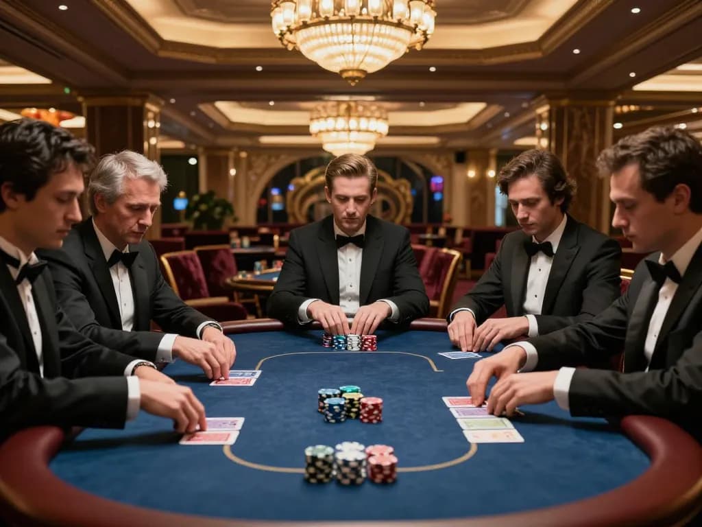 Tỷ lệ kèo nhà cái hôm nay showcased in an upscale poker game setting with players engrossed in action.