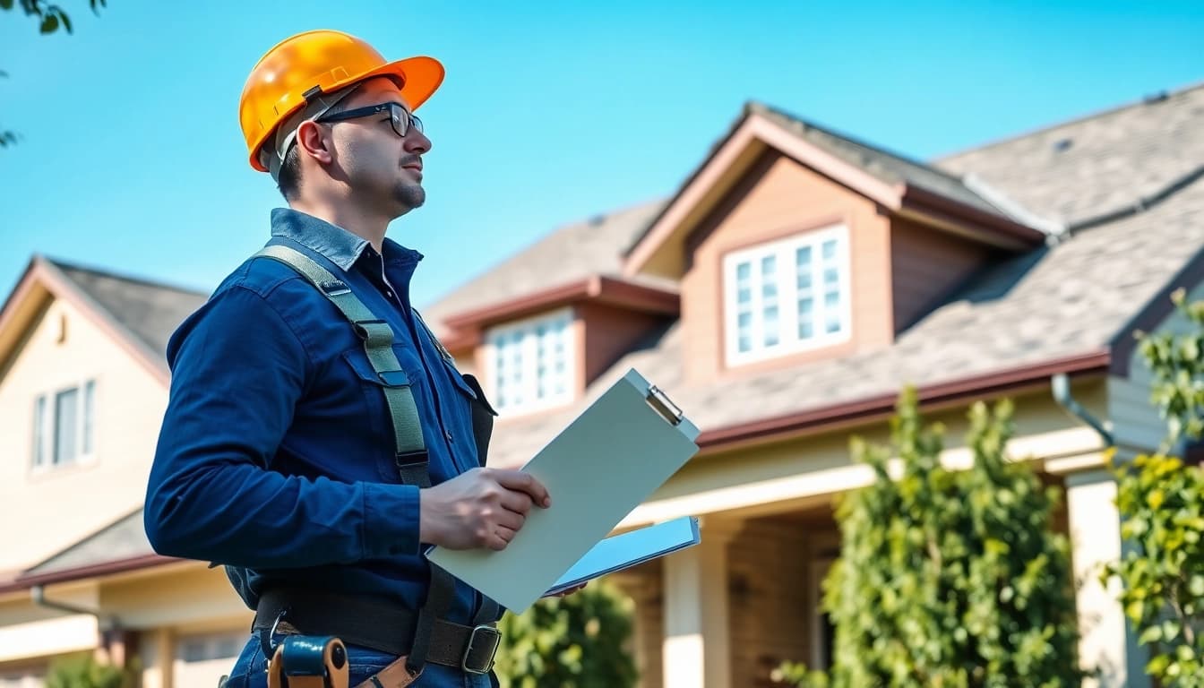 Expert roofing contractor inspecting residential roof with clarity and precision.