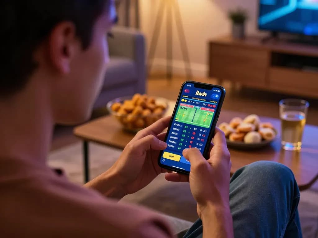 Engaging user placing a sports bet on llwin app in modern living room setting.