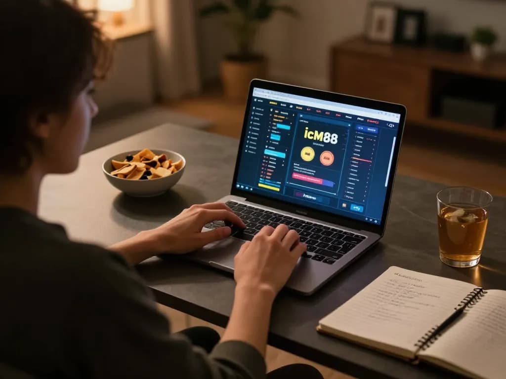 Person enjoying icm88 online gambling at home, laptop displaying gaming interface with strategy notes.