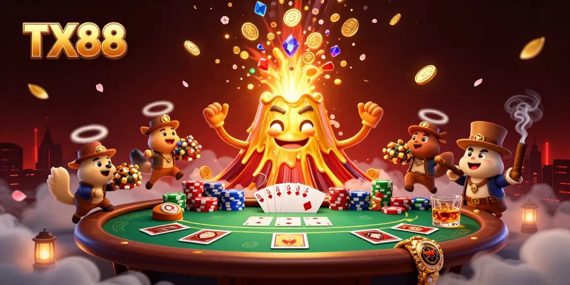 Unleash your luck with TX88 at our vibrant casino scene featuring treasures and poker action.