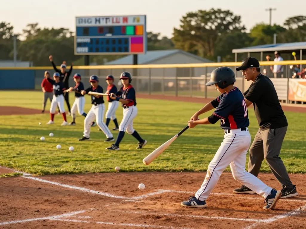 hitclub baseball training scene with young athletes practicing batting drills at sunset